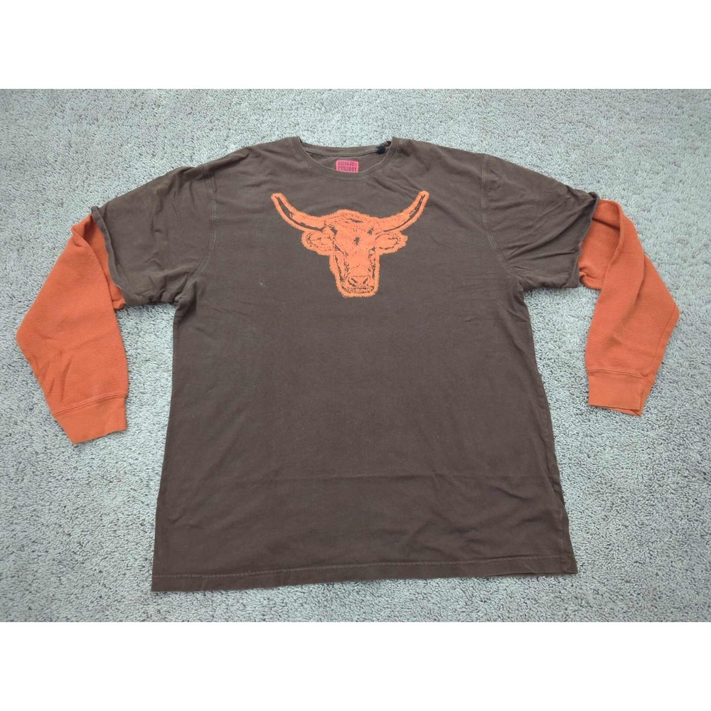 Rock & Roll Cowboy Shirt Mens‎ XL Brown Long Sleeve Layered Bull Head Western